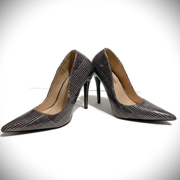 Fashion Nova Shoes - Grey Silver Black & Red Plaid Pointed Toe Pump by Fashion Nova